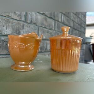 VTG-MCM Peach Lustre Royal Ribbed Iridescent Sugar Jar Laurel Leaf creamer